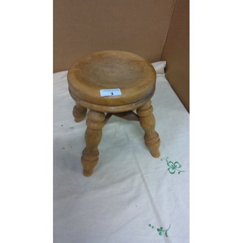 3 - Vintage turned wood stool, featuring a round seat with a rustic finish, possibly oak. Period: Mid-Ce... 