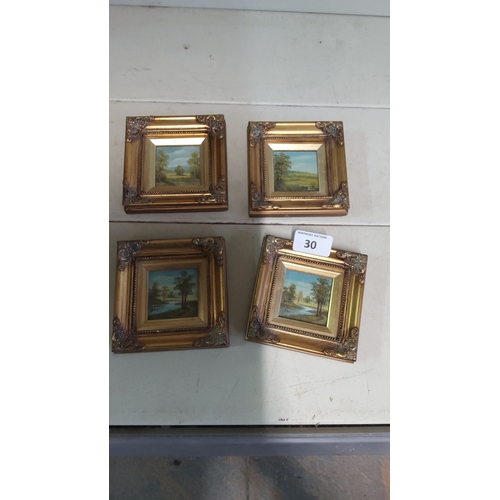 30 - Set of four framed miniature landscape paintings, oil on canvas. Each features serene countryside sc... 