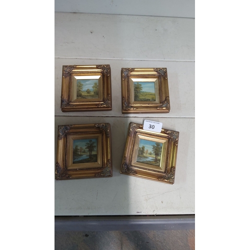 30 - Set of four framed miniature landscape paintings, oil on canvas. Each features serene countryside sc... 