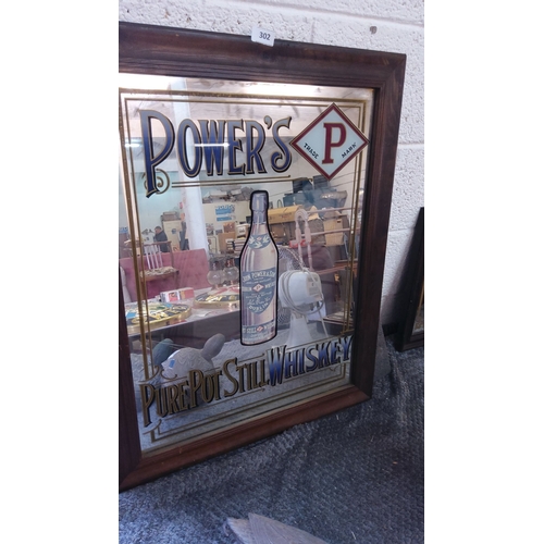 302 - Vintage Power’s Pure Pot Still Whiskey framed mirror, with traditional typography and imagery of a w... 