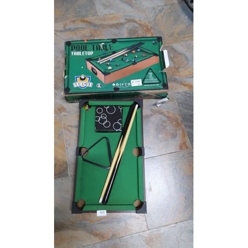 312 - League 8 Tabletop Pool Table, complete with cues, triangle rack, and balls. Box dimensions: 50.5 cm ... 