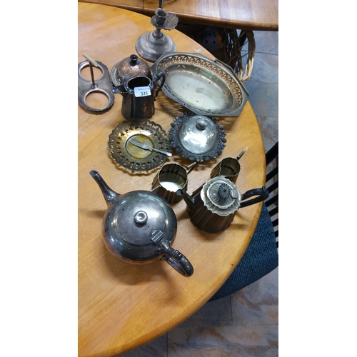 326 - Mixed lot of vintage silver-plated tableware, including teapots, tray, candlestick holder, sugar ton... 