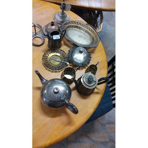 326 - Mixed lot of vintage silver-plated tableware, including teapots, tray, candlestick holder, sugar ton... 