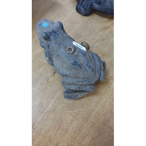 359 - Antique cast iron frog-shaped garden sprinkler with attached brass hose connection. Rustic patina, l... 