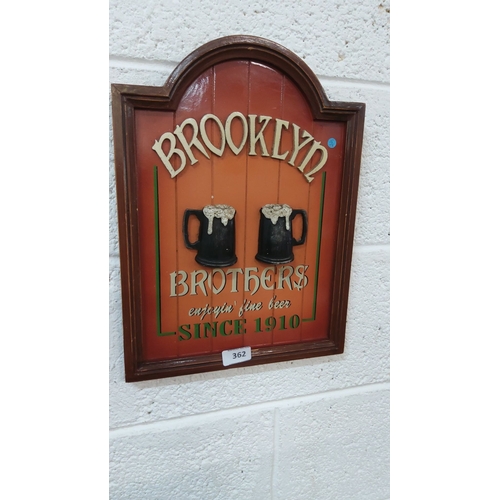 362 - Vintage Brooklyn Brothers Beer Advertising Sign. It has raised beer mugs with foam detailing and a w... 