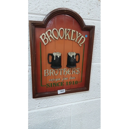 362 - Vintage Brooklyn Brothers Beer Advertising Sign. It has raised beer mugs with foam detailing and a w... 