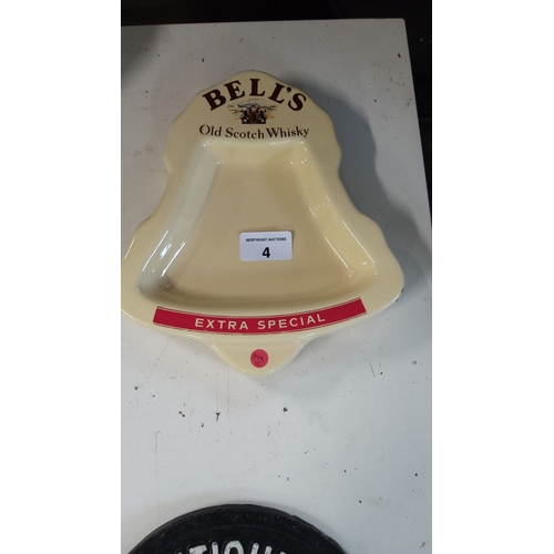 4 - Cream-colored ceramic ashtray by Wade PDM, advertising Bell's Old Scotch Whisky, marked 