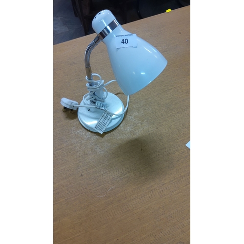 40 - White desk lamp with adjustable gooseneck, chrome accent, and UK plug.