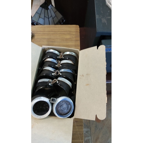 501 - Box containing 5 pairs of vintage black safety goggles with adjustable straps and metal fittings, st... 