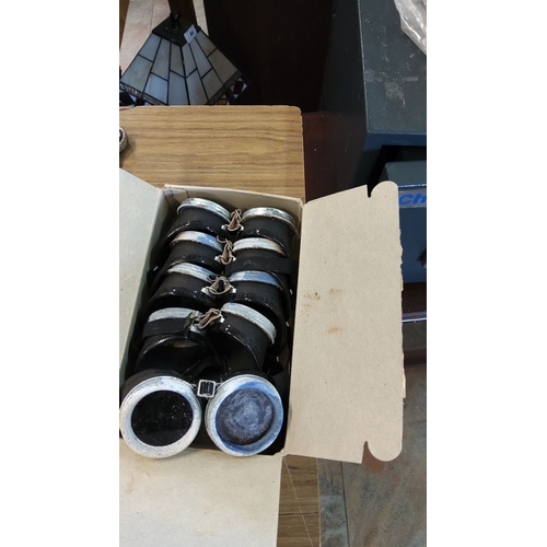 501 - Box containing 5 pairs of vintage black safety goggles with adjustable straps and metal fittings, st... 