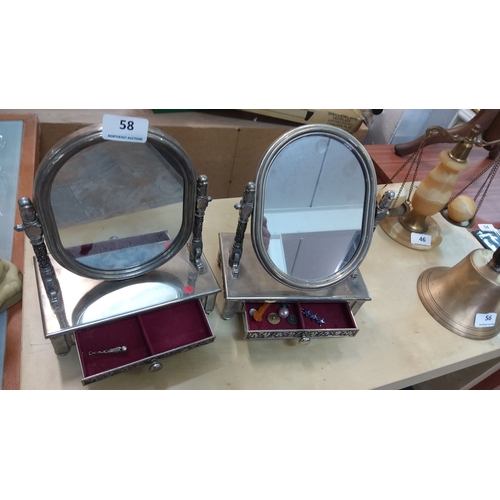 58 - Pair of vintage tabletop mirrors with decorative metal frames and adjustable stands. Each features a... 