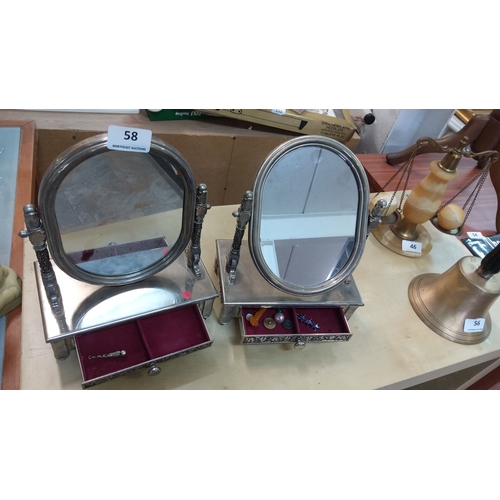 58 - Pair of vintage tabletop mirrors with decorative metal frames and adjustable stands. Each features a... 