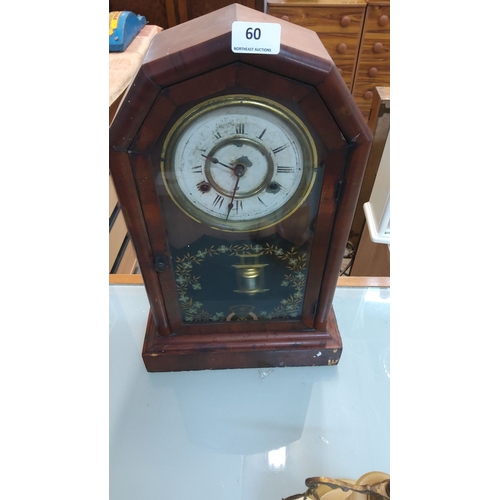 60 - Jerome & Co. 8-Day Duchess Striking Mantel Clock. Wooden case with Roman numeral dial and floral pai... 