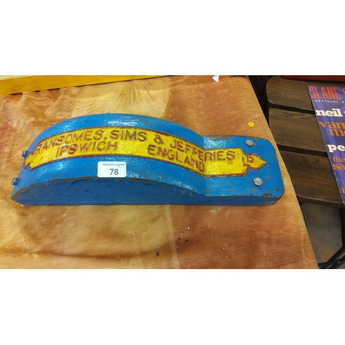 78 - Antique cast iron machine plate, painted blue and yellow, marked 