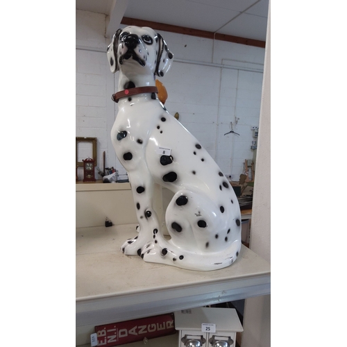 8 - Large ceramic Dalmatian figurine adorned with a brown collar. Detailed black spots on a white glaze ... 