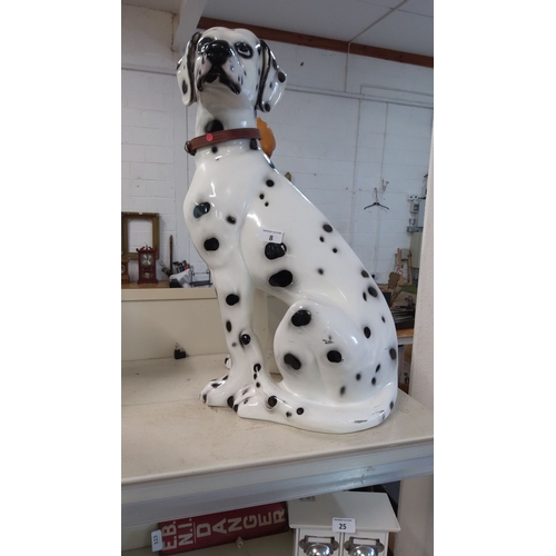 8 - Large ceramic Dalmatian figurine adorned with a brown collar. Detailed black spots on a white glaze ... 