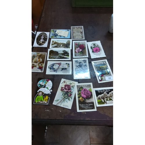 93 - Collection of 14 vintage greeting cards featuring various floral patterns, portraits, and idyllic sc... 