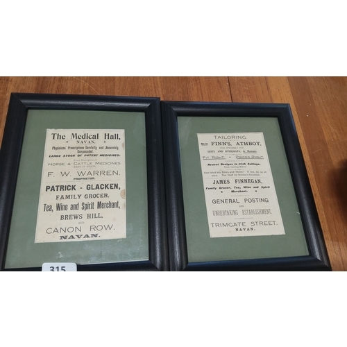 315 - Pair of framed vintage Navan advertisement prints featuring Patrick Glacken's grocery and F.W. Warre... 