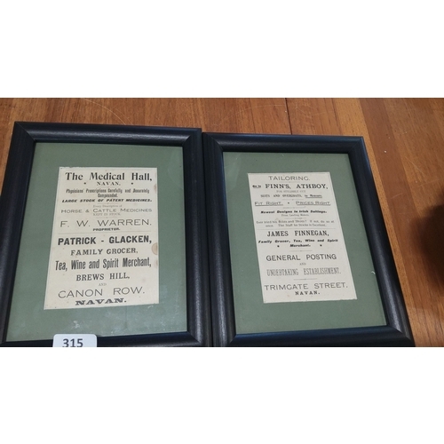 315 - Pair of framed vintage Navan advertisement prints featuring Patrick Glacken's grocery and F.W. Warre... 