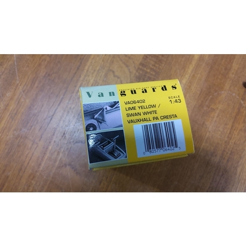 318 - Vanguards Vauxhall PA Cresta die-cast model, scale 1:43. Lime yellow and swan white. VA06402. Comes ... 