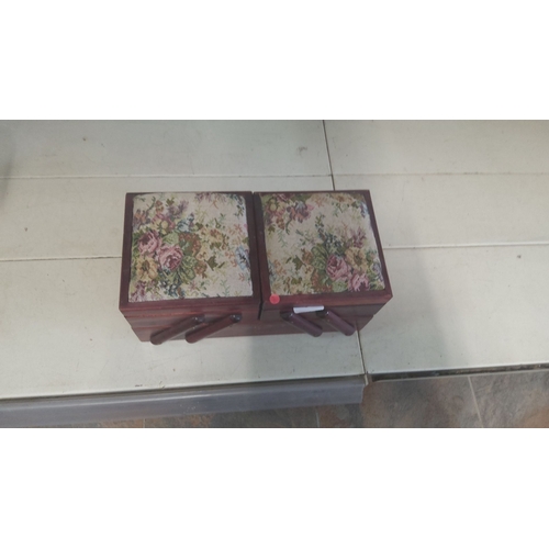 33 - Vintage Wooden Sewing Box with Floral Upholstery, contains scissors, measuring tape, threads, button... 