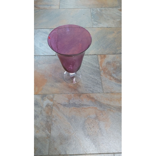 123 - Purple glass vase with flared rim, clear base. Contemporary design.