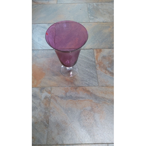 123 - Purple glass vase with flared rim, clear base. Contemporary design.
