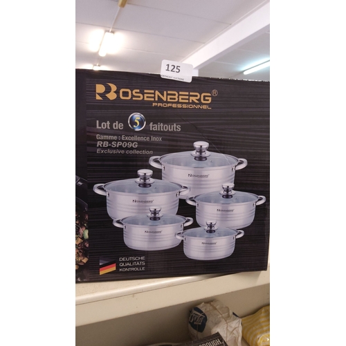 125 - Rosenberg Professional cookware set, includes five stainless steel pots with lids, model RB-SP09G, E... 