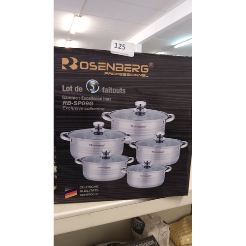 125 - Rosenberg Professional cookware set, includes five stainless steel pots with lids, model RB-SP09G, E... 
