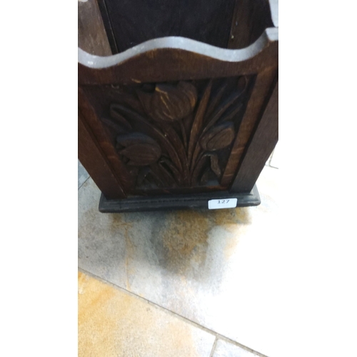 127 - Antique Arts and Crafts movement wooden planter, featuring intricate carved floral motifs.