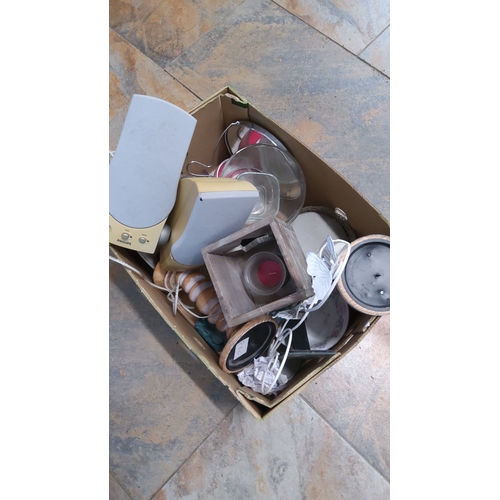 130 - Mixed lot containing Philips speakers, decorative candle lantern, assorted glassware, wooden items, ... 