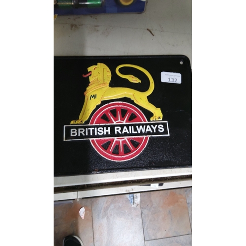 132 - British Railways cast iron sign featuring a yellow lion atop a red wheel. Rectangular format with vi... 
