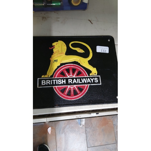 132 - British Railways cast iron sign featuring a yellow lion atop a red wheel. Rectangular format with vi... 