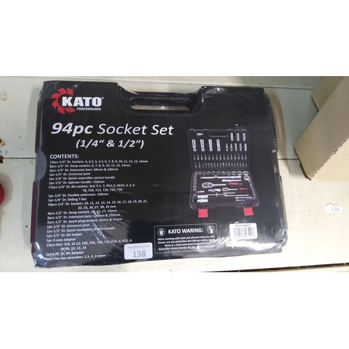 138 - KATO Performance 94pc Socket Set (1/4” & 1/2”) in a black carrying case. The set includes a variety ... 