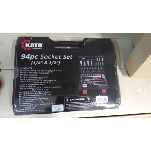 138 - KATO Performance 94pc Socket Set (1/4” & 1/2”) in a black carrying case. The set includes a variety ... 