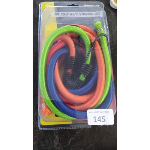 145 - Toolzone 4-piece 12mm GS/TUV bungee set. Features assorted colors including green, blue, orange, and... 