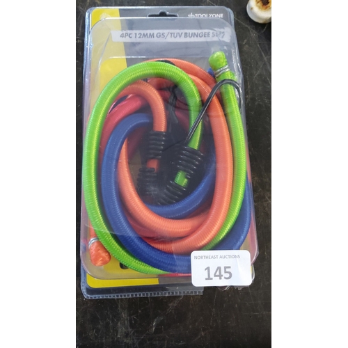 145 - Toolzone 4-piece 12mm GS/TUV bungee set. Features assorted colors including green, blue, orange, and... 