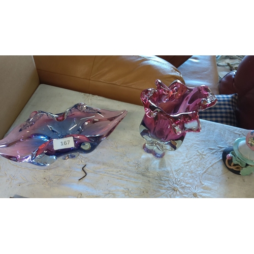167 - Hand-blown glass Murano bowls, showcasing vibrant pink and purple hues, with sculptural organic form... 