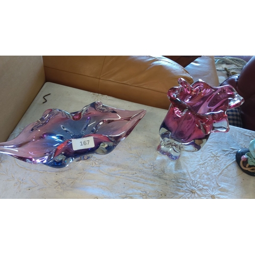 167 - Hand-blown glass Murano bowls, showcasing vibrant pink and purple hues, with sculptural organic form... 