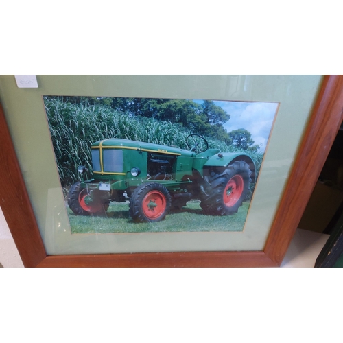 17 - Framed photograph of a vintage green Deutz tractor in a lush field. Features a wooden frame and gree... 