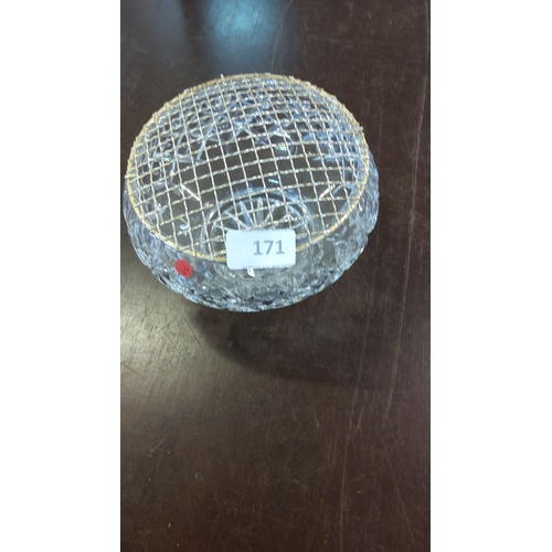 171 - Crystal Rose bowl with gold-colored wire mesh cover, showcasing intricate cut glass design.