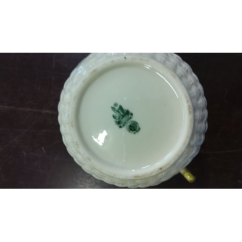 172 - Irish porcelain Belleek pitcher with hand-painted shamrock motifs and basket weave texture. Features... 