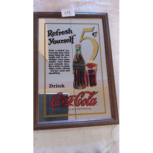 175 - Coca-Cola advertisement mirror with wooden frame. Reads 