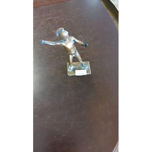 199 - Bronze figurine sculpture depicting a young boy in an expressive pose, mounted on a rectangular base... 