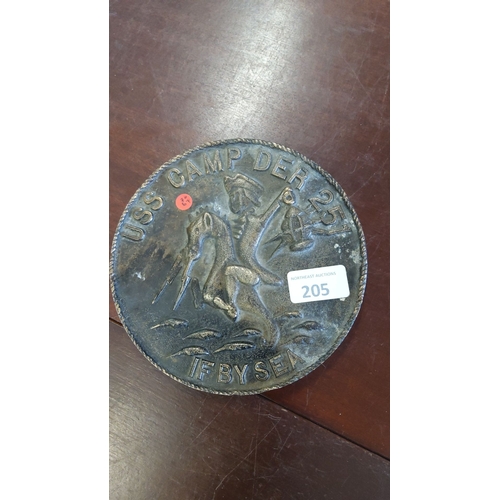 205 - Vintage embossed metal plaque for the USS Camp DER 251, featuring nautical imagery.
