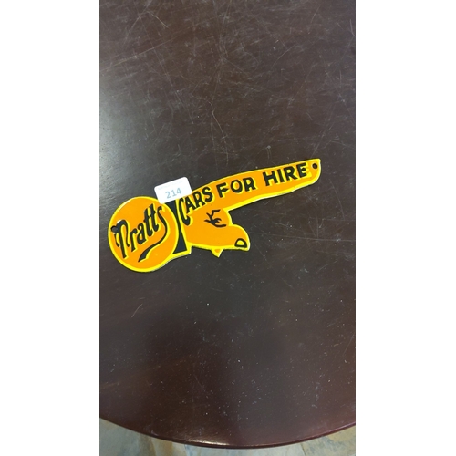 214 - Vintage Original Pratt's Cars for Hire enamel key-shaped sign. Bright yellow and black design.