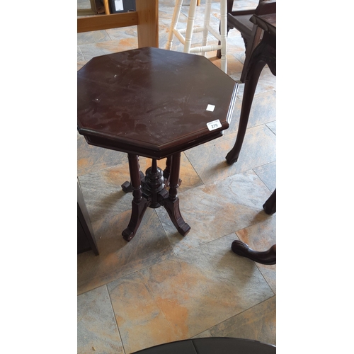 279 - Mahogany side table with an octagonal top, supported by an ornate central pedestal base. Features fo... 