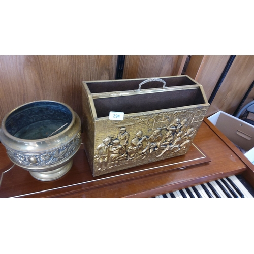 294 - Antique brass letter holder with detailed relief of village scene. Vintage brass planter with ornate... 