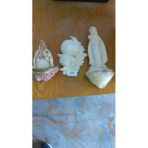 309 - Set of three ceramic religious wall plaques. One is a painted Our Lady of Fatima, another one shows ... 