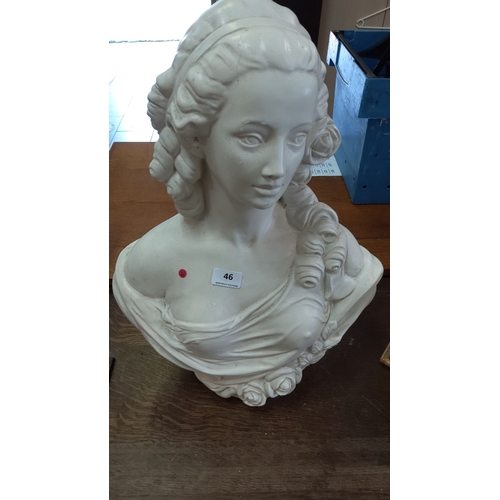 46 - White plaster bust of a classical woman, featuring detailed hair and floral adornments, 19th-century... 